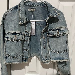 ❌SOLD Tia-Cher crop top denim fringe jacket